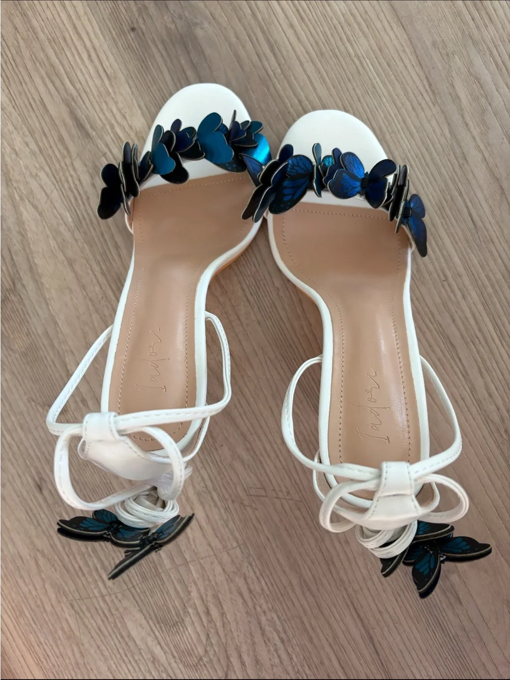 I adore White Ankle-Tie Heels with Blue and Black Butterfly Accents laceup